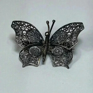 Vintage Small 800 Silver Gilt Filigree Plique A Jour Butterfly Brooch Dainty